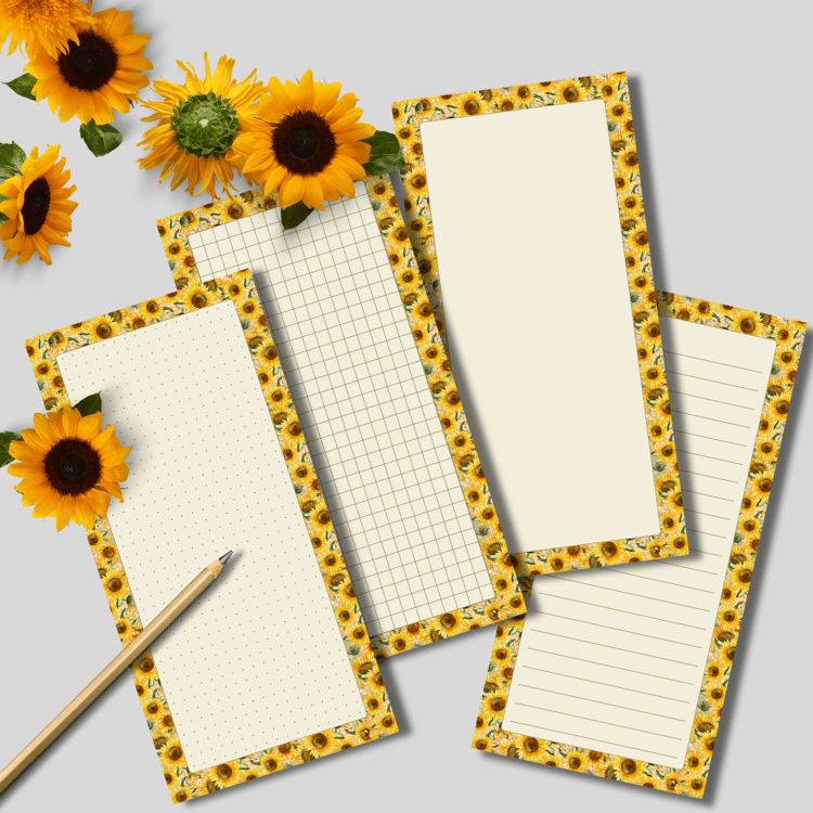 Sunflower-themed printable notepad featuring four styles: lined, blank, dot grid, and square grid on a bright floral background.