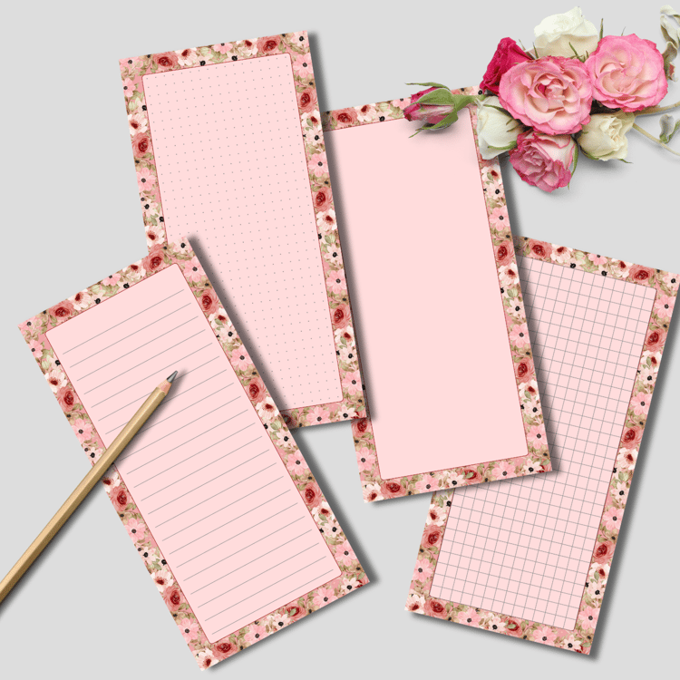 Printable notepad with rose and gerbera floral border featuring lined, blank, dot grid, and square grid page layouts.