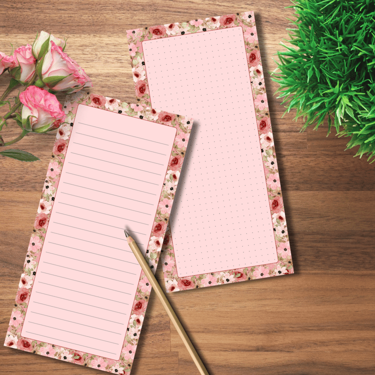 Elegant floral notepad design with soft pink and orange flowers, perfect for journaling or planner inserts.