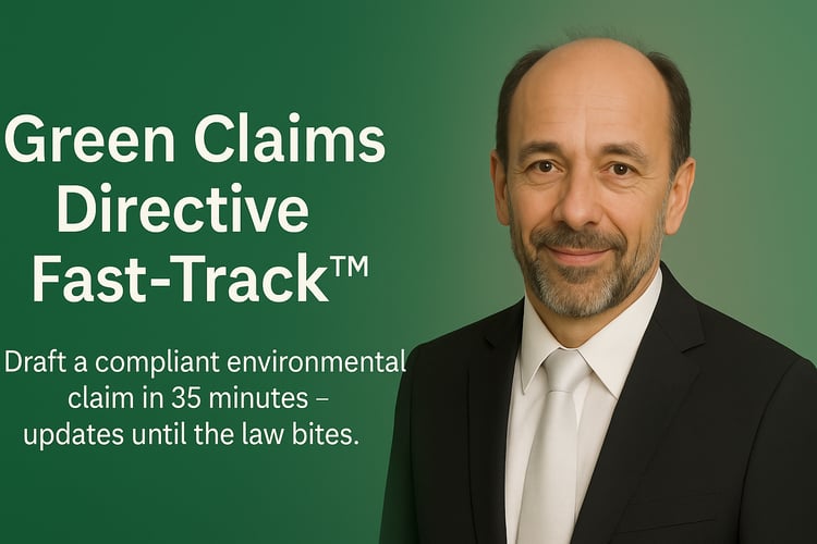 Promotional banner for the Green Claims Directive Fast-Track™, featuring a confident professional man in a suit on the right, with centered white text on a green gradient background that reads “Green Claims Directive Fast-Track™ – Draft compliant environm
