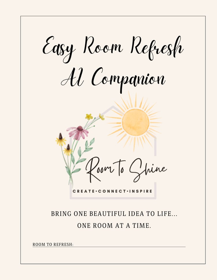Easy Room Refresh AI Companion cover image, printable room refresh planner with AI decorating prompts, mood board planning, and budget-friendly home decorating ideas.