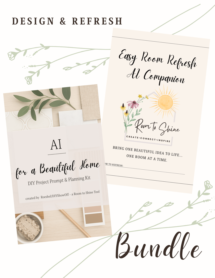 Design & Refresh Bundle cover image, AI decorating prompts + printable room refresh planner bundle for home decorating projects and mood board planning.