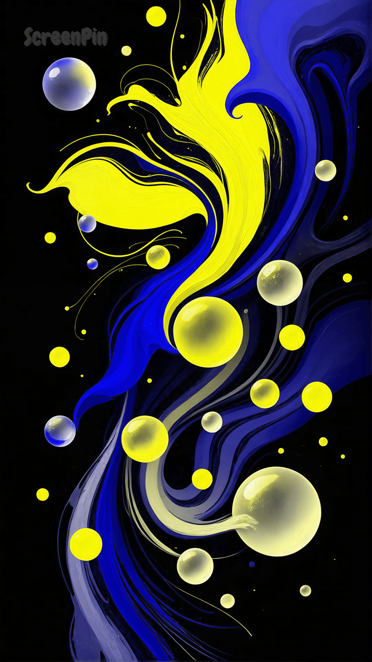 Abstract digital artwork with yellow and blue shapes on a black background, high contrast and flowing design