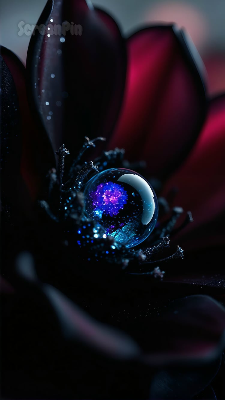 Close-up digital artwork of a mysterious flower with dark velvety petals and surreal shimmering texture