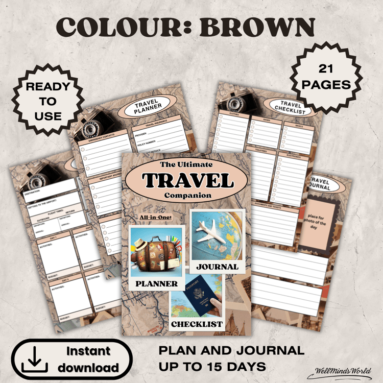 Daily travel planner and vacation organizer with space for activities, notes, and spending.