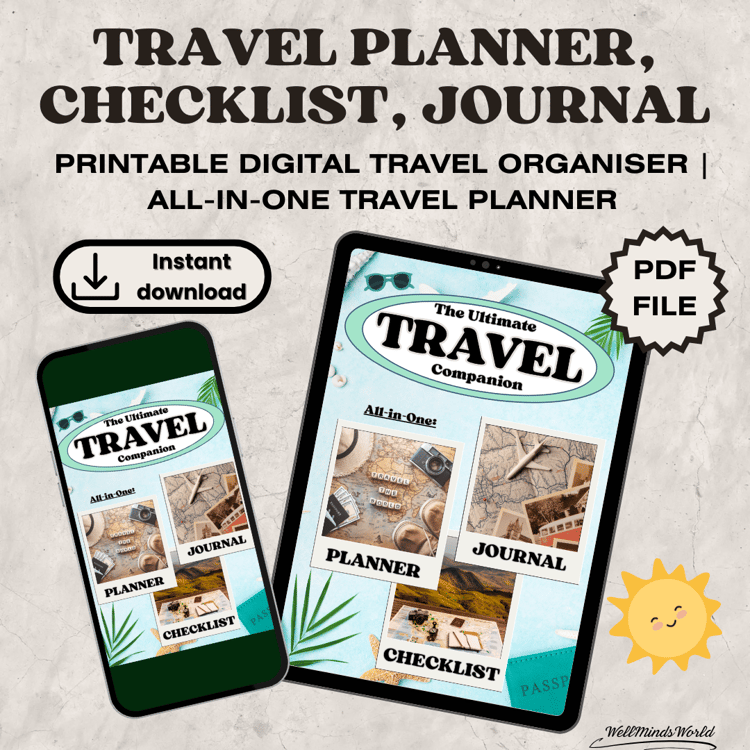 Printable travel planner and journal bundle with vacation packing checklist – the perfect organized trip planner for stress-free travel.
