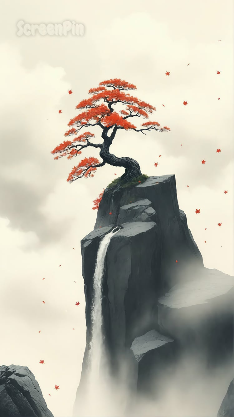 A digital painting of a bonsai-like pine tree on a high cliff surrounded by clouds