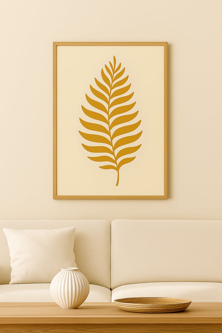 A minimalist printable wall art design featuring a single stylized golden fern leaf on a beige background. Framed in a light wood frame and styled in a warm, modern boho interior.