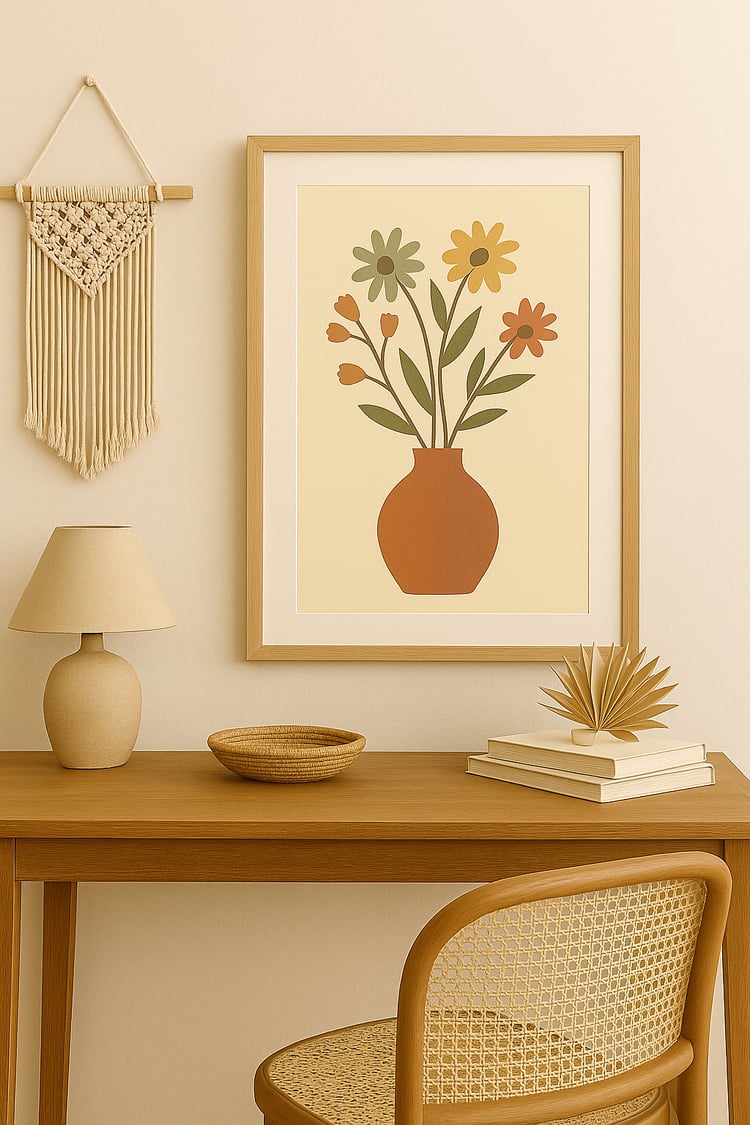 A printable wall art design showing wildflowers in a terracotta vase, in warm boho tones on a beige background. Framed in a modern interior.
