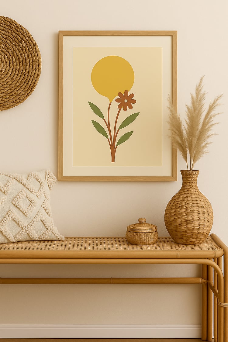 A printable wall art design featuring a bold yellow sun rising above a rust-orange flower and green leaves. Framed in a light wood frame in a cozy boho-styled interior.