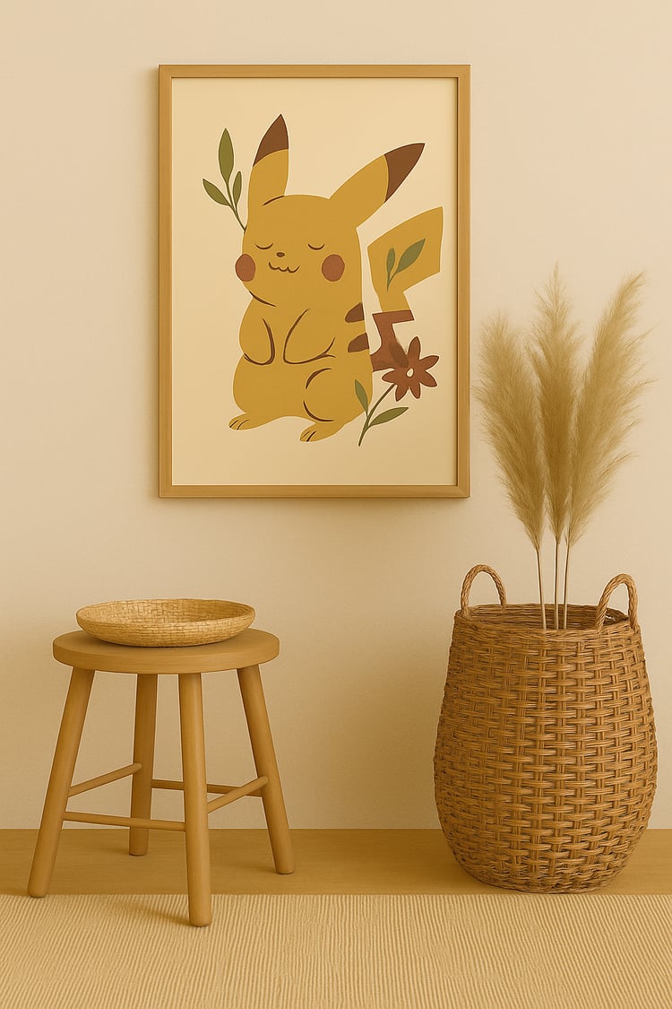 A printable wall art design featuring a stylized Pikachu inspired character with floral accents in a calm boho style, framed and displayed in a warm beige interior with natural textures.