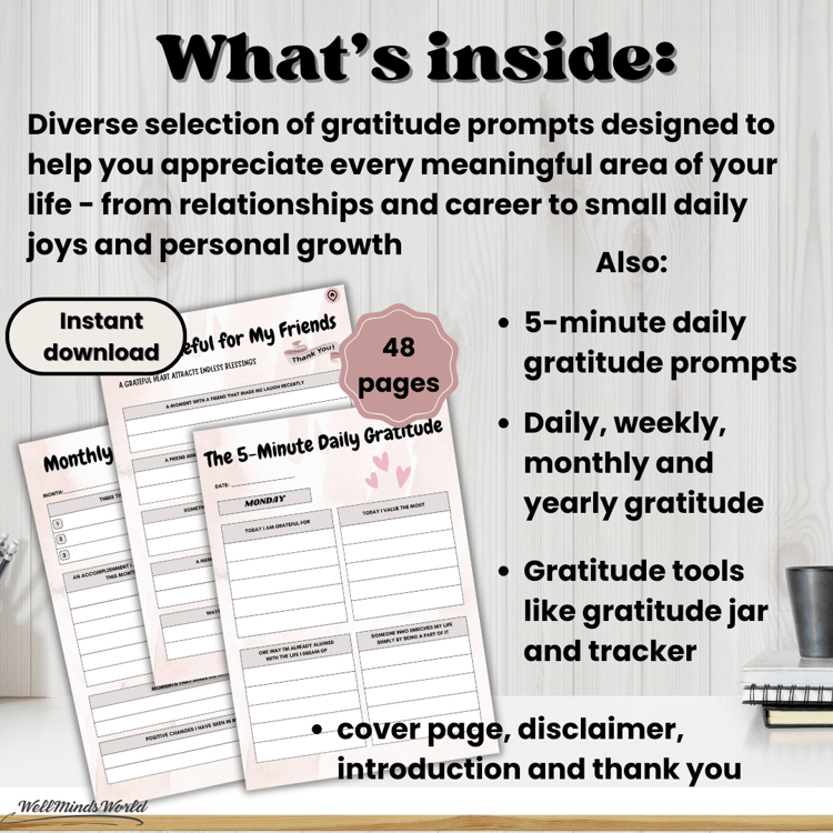 Guided gratitude journal template with space for daily reflections and positive mindset tracking.