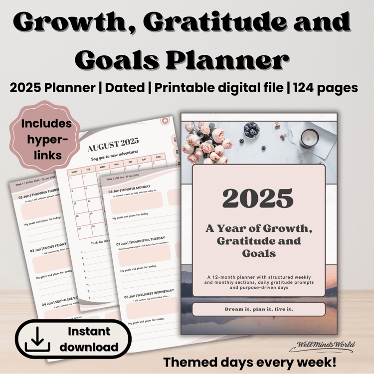 2025 printable planner with daily prompts for gratitude, goal setting, and mindfulness.