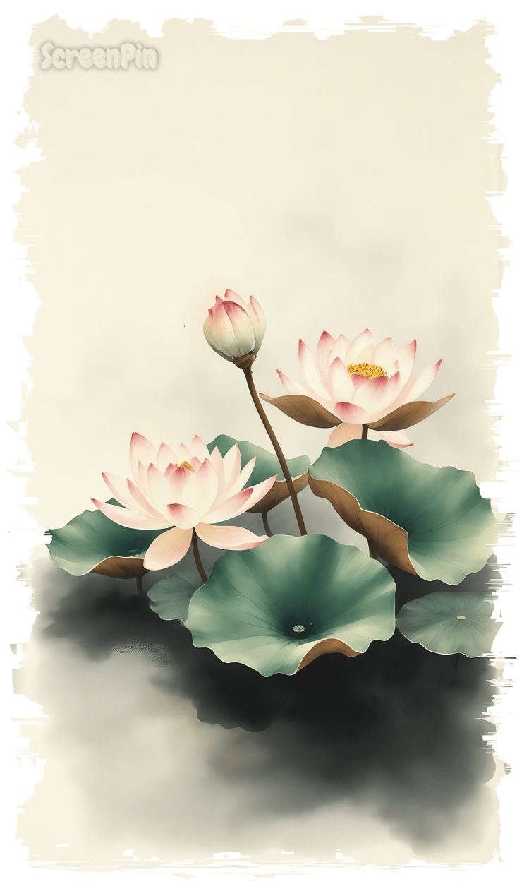 A digital painting of lotus flowers and large leaves floating on a calm pond, in a traditional Asian watercolor style, with soft pink petals, weathered green leaves, misty atmosphere, and subtle reflections.