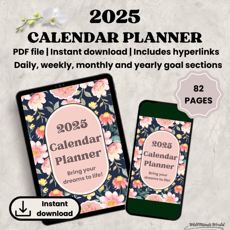 2025 digital calendar planner with weekly and monthly layouts for goal setting and time management