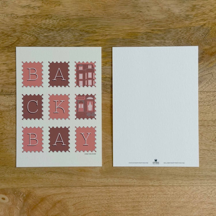 Two sides of a notecard, with postage stamp artwork on the front and a mostly blank back with company contact information at the bottom of the notecard.