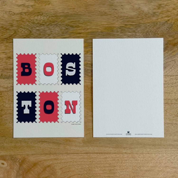 Two sides of a notecard, with postage stamp artwork on the front and a mostly blank back with company contact information at the bottom of the notecard.