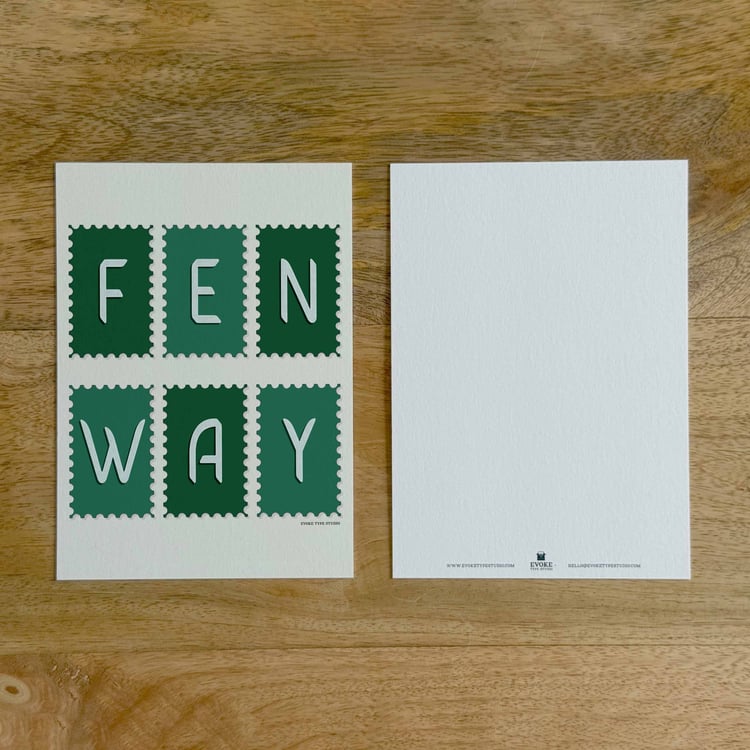 Two sides of a notecard, with postage stamp artwork on the front and a mostly blank back with company contact information at the bottom of the notecard.