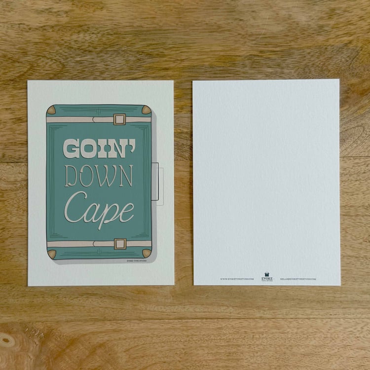 Two sides of a notecard, with postage stamp artwork on the front and a mostly blank back with company contact information at the bottom of the notecard.