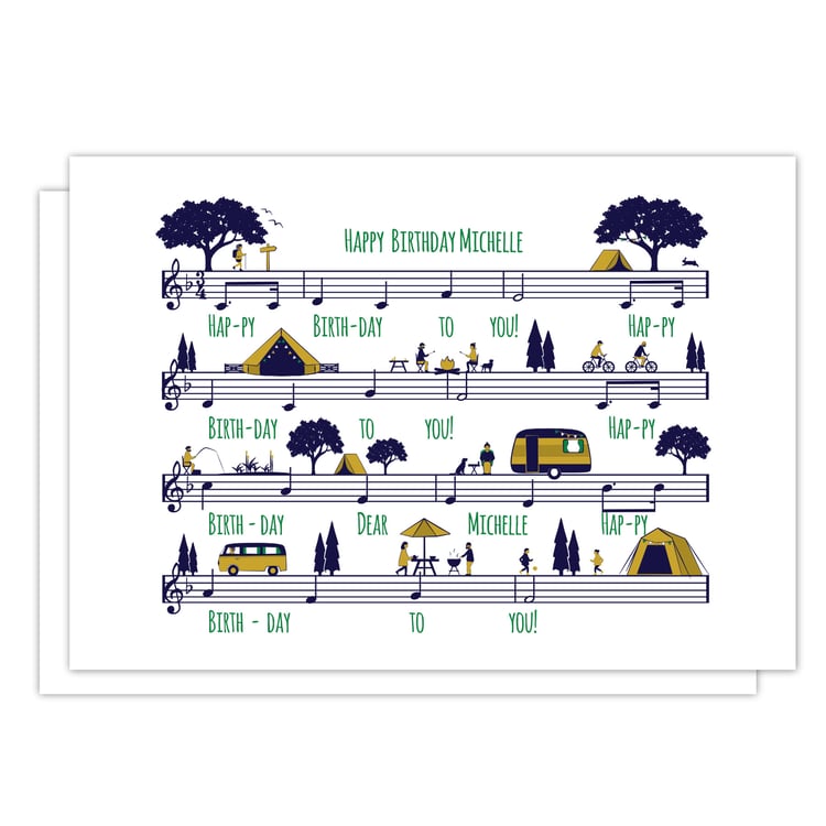 Illustrated camping birthday card with tent, forest and sheet-music background – quirky outdoor adventure card for campers and hikers.