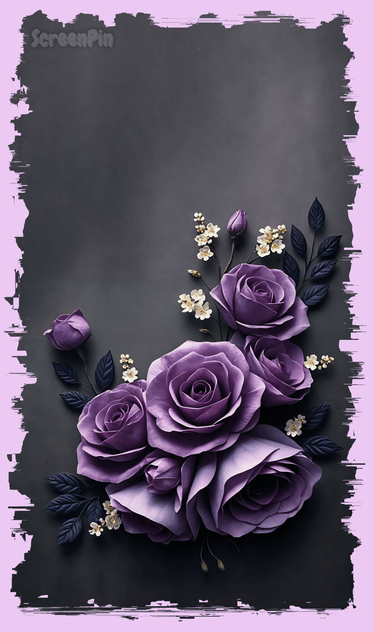 A digital floral arrangement with amethyst-colored paper-cut style roses and small white blossoms on a textured gradient background, featuring soft shadows, realistic 3D detailing, and a dark vintage aesthetic.