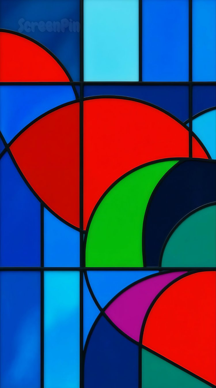 A colorful digital background in stained glass style, with vibrant geometric segments and a glowing glass texture that mimics a radiant mosaic.