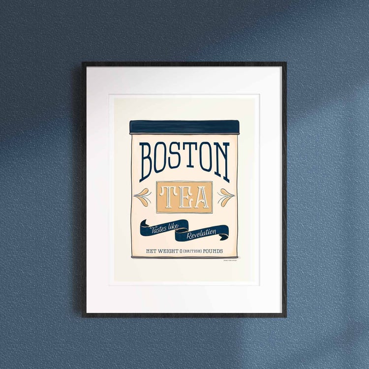 Hand-drawn ‘Tastes Like Revolution’ vintage tea tin art print in a nautical color palette inspired by the Boston Tea Party.