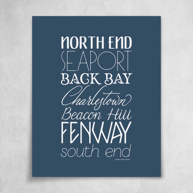 A collection of Boston neighborhoods drawn in various lettering styles. Artwork has a blue and white color scheme.