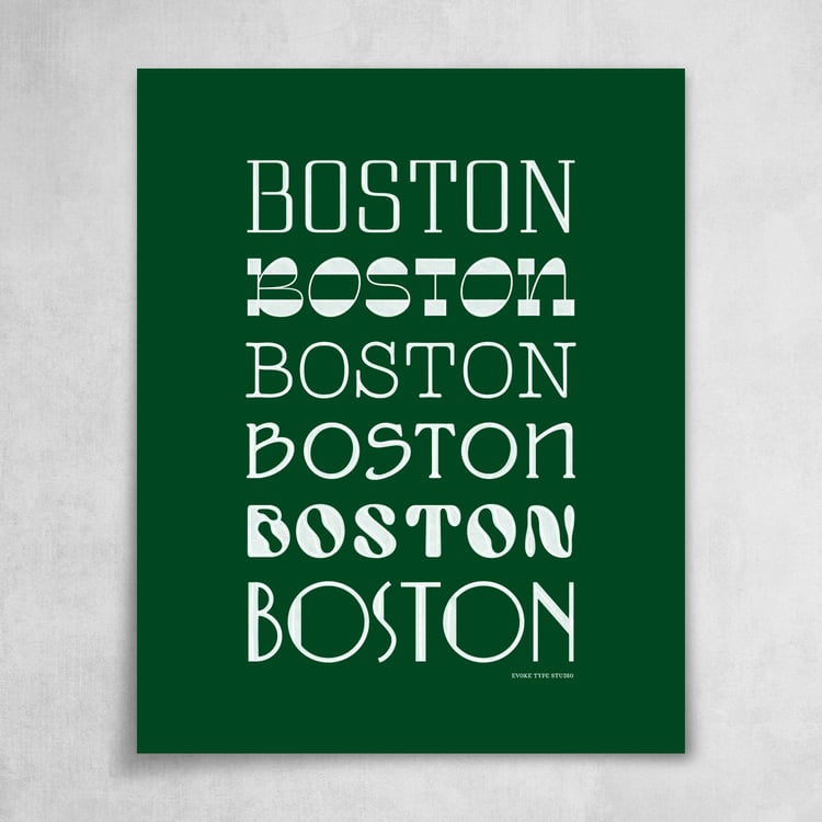 A collection of the word "Boston" drawn in various lettering styles. Artwork has a green and white color scheme.