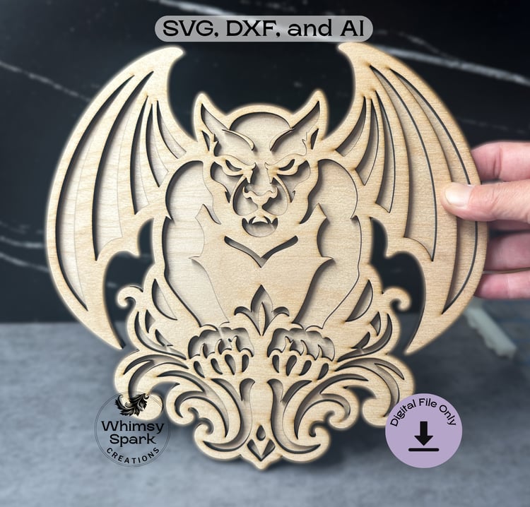 Layered gothic gargoyle SVG cut from light wood, shown assembled on gray background