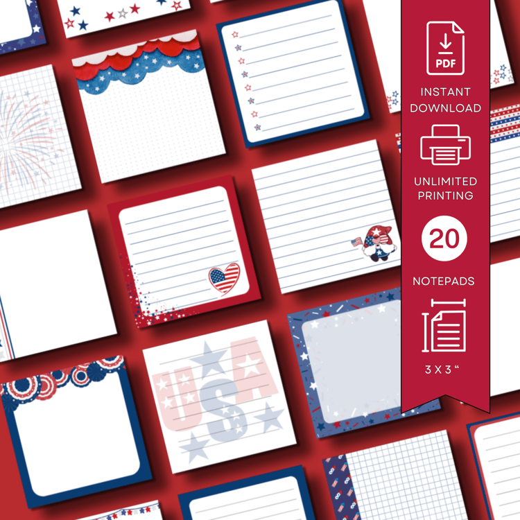 Alternate view of the Liberty & Lists memo pad collection. All 20 printable designs are shown with a slightly different layout, emphasizing the red, white, and blue patriotic theme