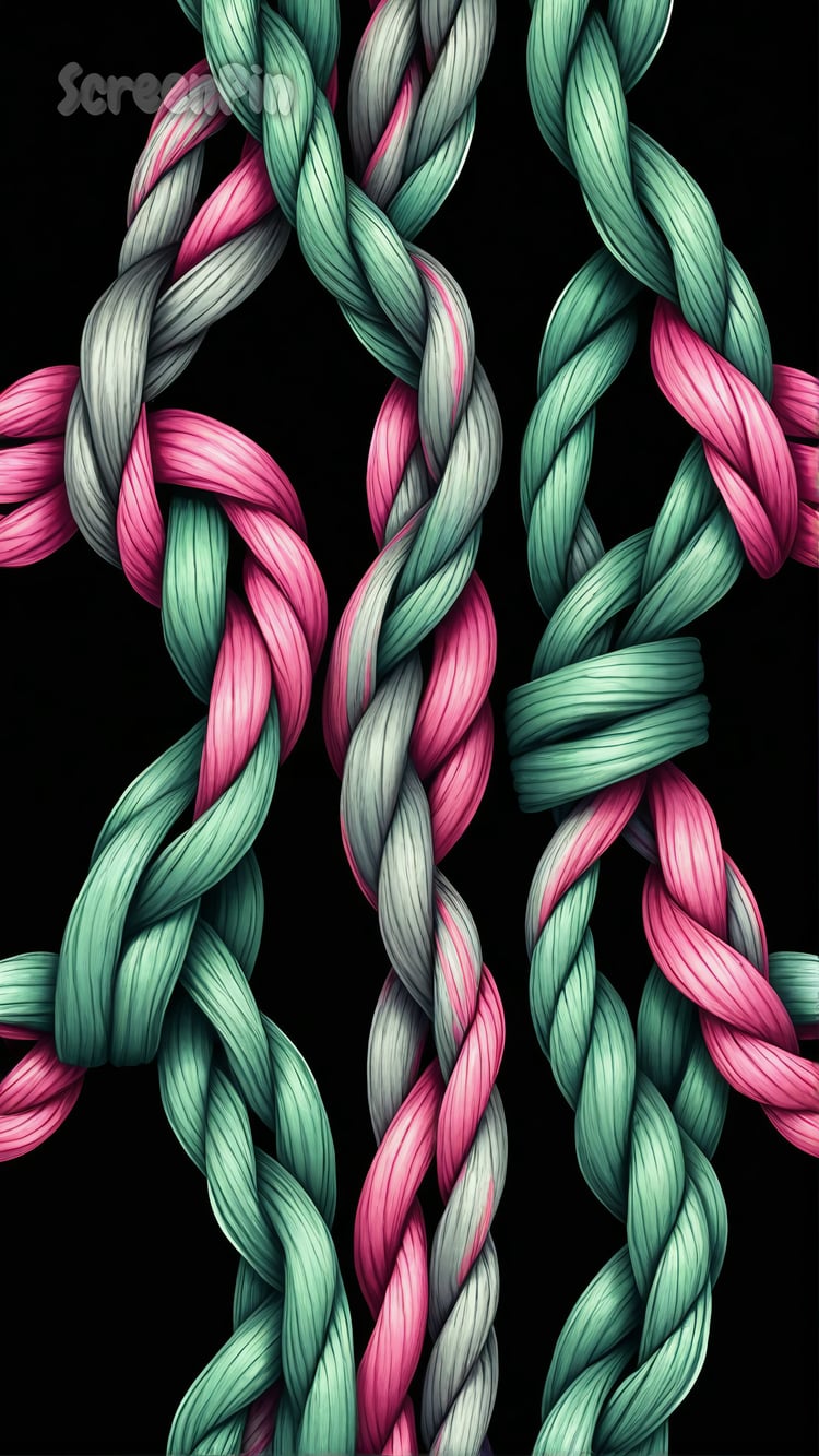A digital pattern of thick braided ropes tied in intricate knots, alternating between vibrant pink and jade colors