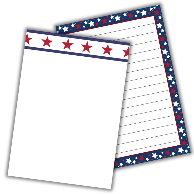 4th of July-themed printable stationery set featuring a red star border design on one page and a full red, white, and blue star border with lined writing space on the second page. A5 size, perfect for festive notes and journaling.