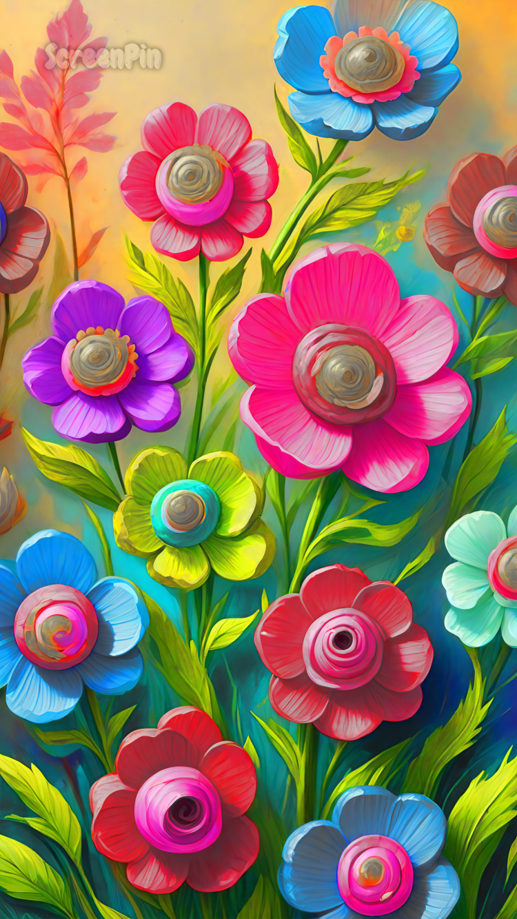 A digital painting of cartoony flowers with bold outlines and bright colors, featuring playful shapes and a whimsical, hand-drawn style.
