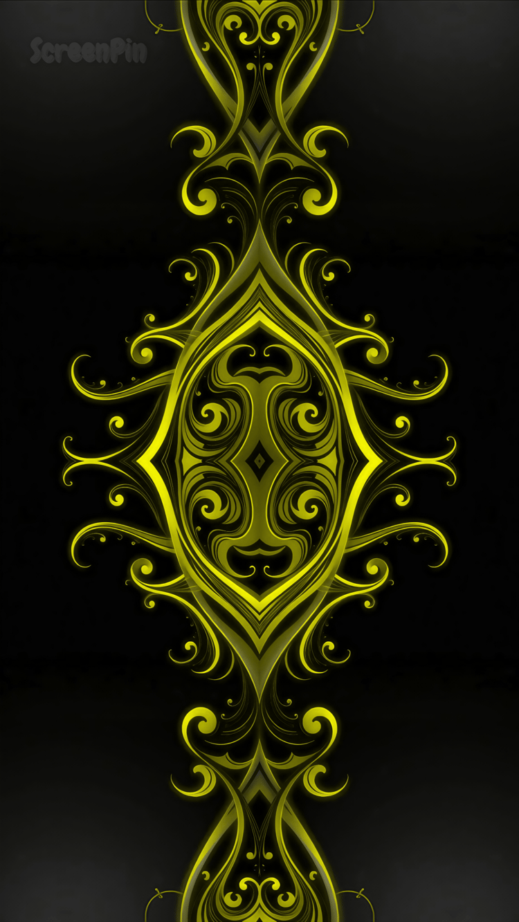 A seamless digital pattern of flowing yellow abstract shapes on a black background, featuring elegant curves and ornamental design elements with bold contrast.