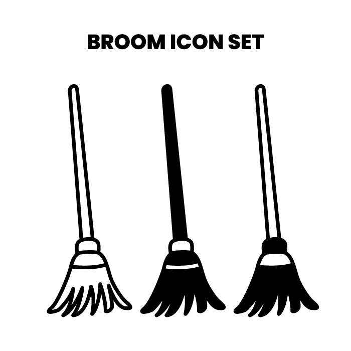 Get this versatile broom icon set ideal for cleaning, sanitation, and maintenance designs. Includes fully editable AI and EPS vector files. Simple black-and-white styles perfect for logos, apps, infographics, and print use. Clean, bold, and scalable.