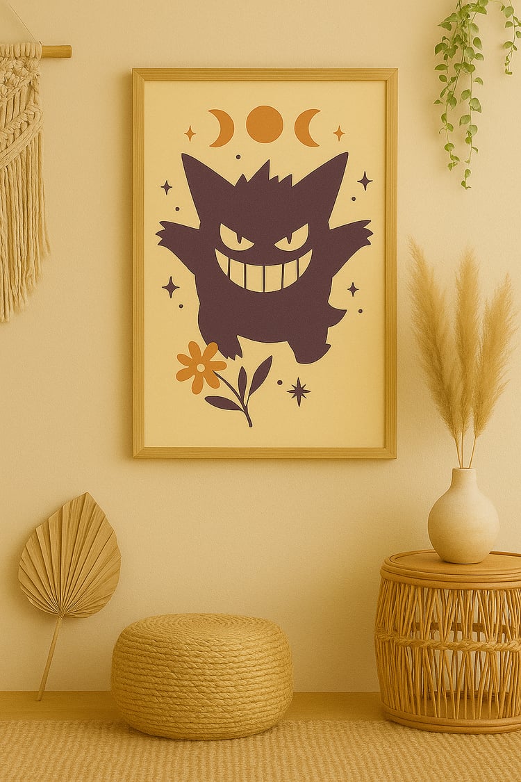 A printable boho-style wall art of a stylized, shadowy creature with soft floral elements and moon phase accents, shown in warm neutral tones against a light beige background.