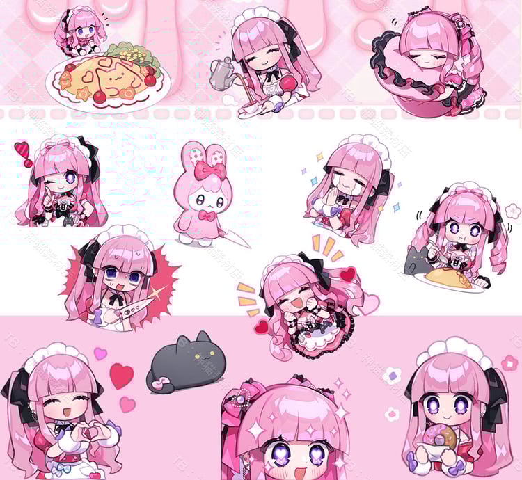 Kawaii Pink Maid Anime Sticker Pack β 40 PNG Files | Cute Chibi Girl, Cat & Food Emotes for Digital Planners, Journal, Sublimation & Crafts