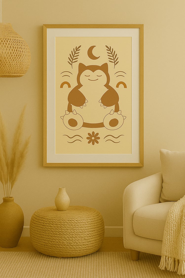 A printable boho-style artwork of a peaceful, rounded creature inspired by Snorlax, resting with minimalist shapes and natural tones, shown in a soft, neutral-toned room setting.