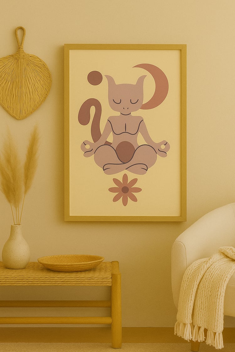 A printable boho-style illustration of a psychic creature inspired by Mewtwo, with soft lines and ethereal shapes in pastel hues, displayed against a neutral background.