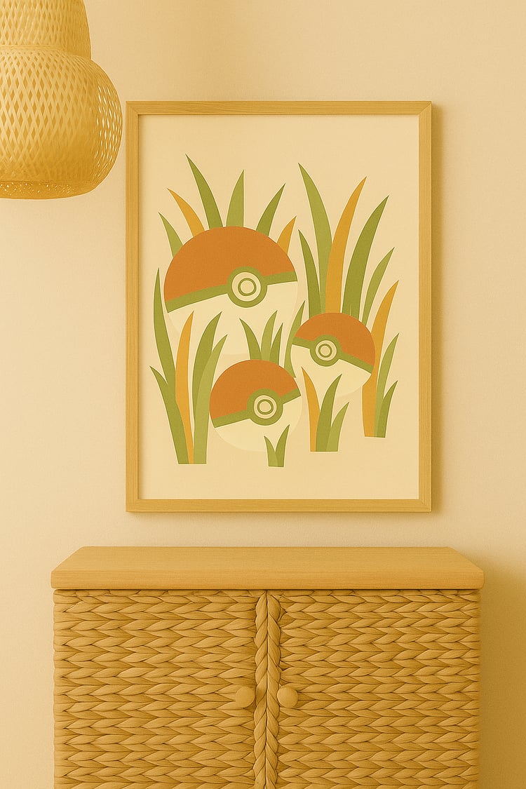 A printable boho-style artwork featuring stylized Pokéballs resting in soft, minimal grass textures with earthy colors, displayed in a calm, neutral interior.