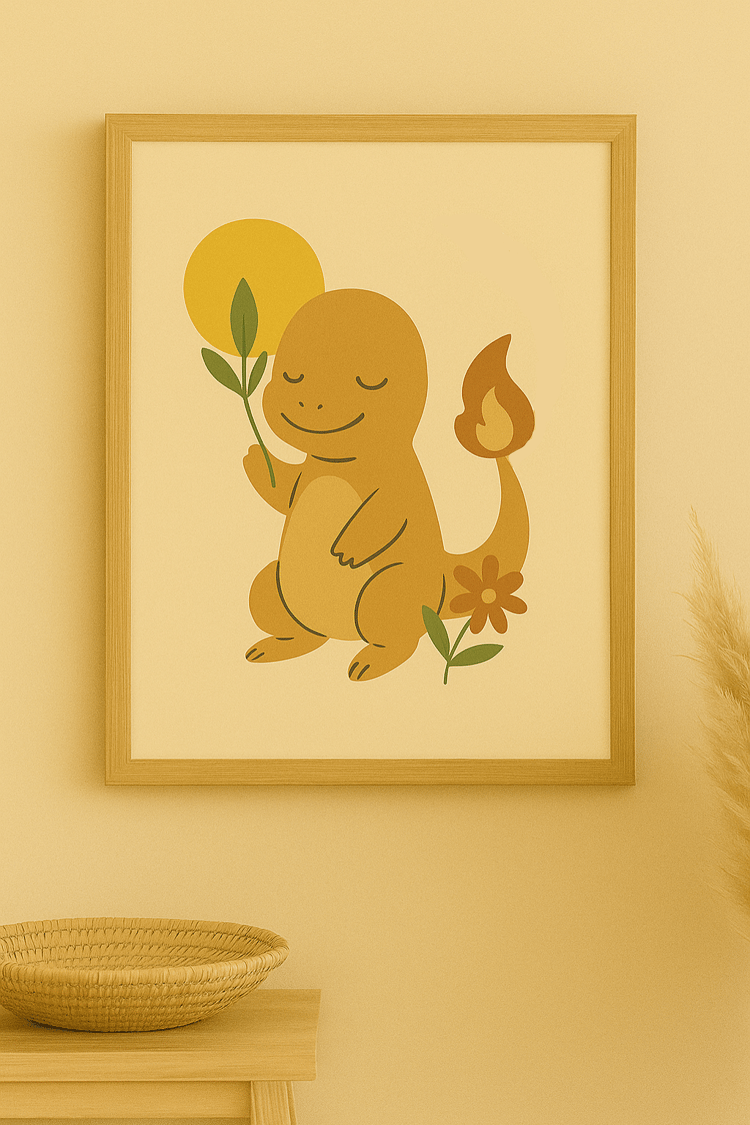A printable boho-style wall art illustration of Charmander, the fire Pokémon, holding a plant and resting beside a flower, depicted with minimalistic design in warm, earthy tones.