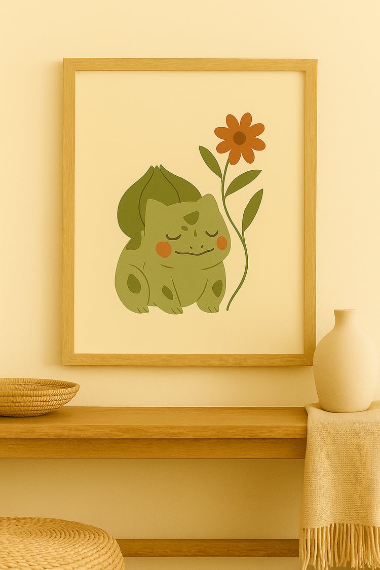 Minimalist boho-style digital artwork of Bulbasaur, featuring soft green tones, floral details, and a beige textured background.