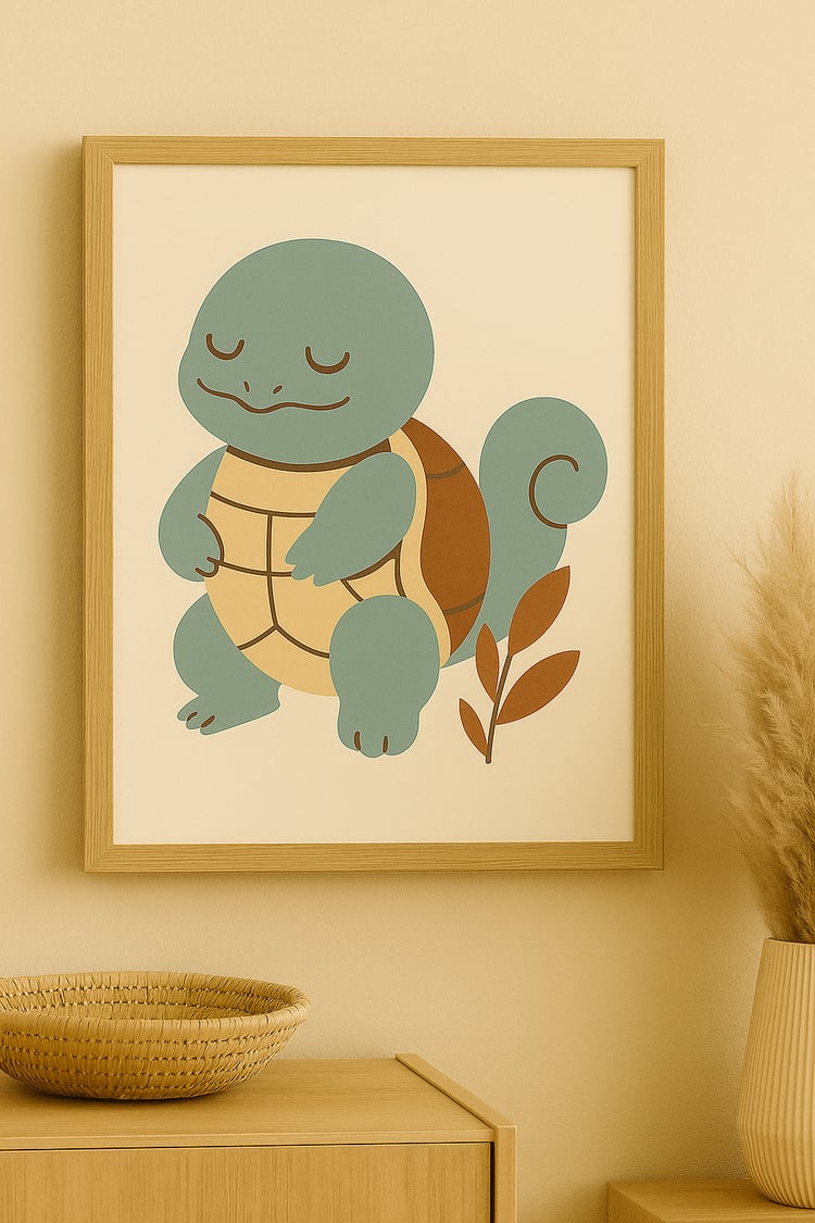 A printable boho-style illustration of Squirtle, the water Pokémon, with soft blues, beige, and greens, depicted in minimalist, nature-inspired design, displayed in a modern, neutral-toned interior.