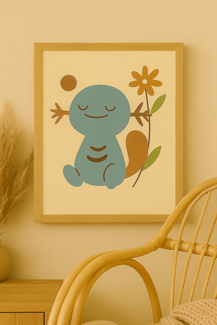 A printable boho-style illustration of Wooper, the Pokémon, with soft pastel blues and earthy tones, smiling peacefully among minimal floral elements on a textured beige background.