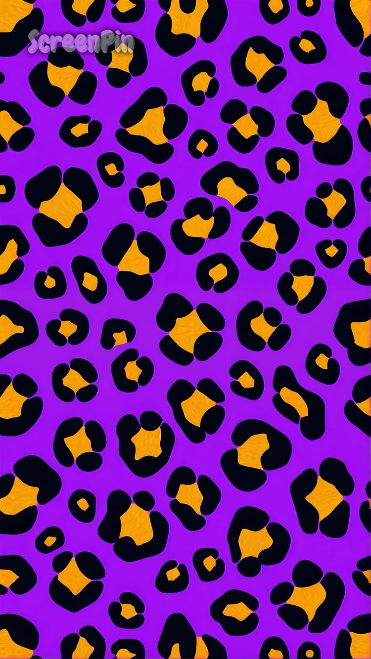 A bold leopard print pattern with an artistic twist, featuring expressive spots in vibrant purple and orange on a dynamic, high-contrast background.