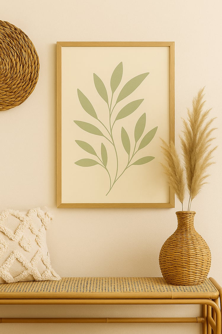 A minimalist digital illustration of sage green leaves on a warm beige background, designed in a boho botanical style.