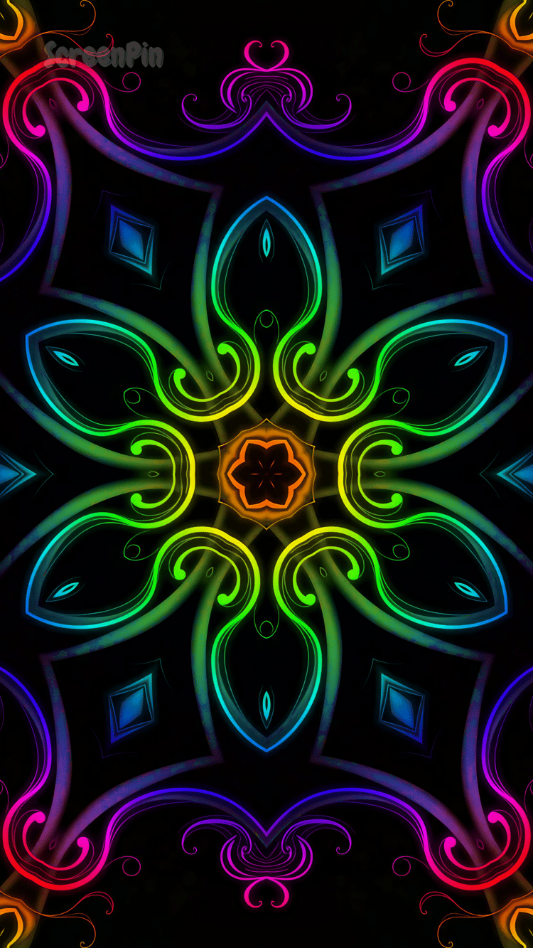 A digital mandala artwork glowing in rainbow neon colors on a black background, featuring symmetrical patterns, radiant lines, and a psychedelic, high-tech aesthetic.
