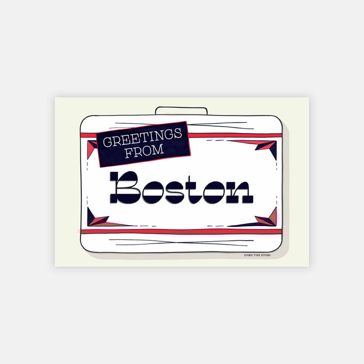 A postcard of a vintage style suitcase with the words “Greetings from Boston” drawn in unique lettering styles. Artwork has a red, white and blue color scheme