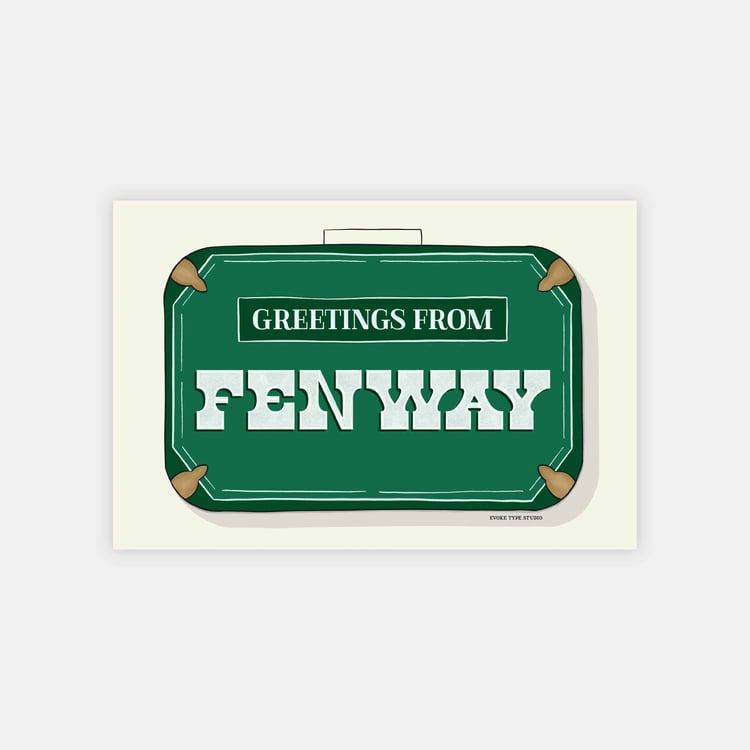 A postcard of a vintage style suitcase with the words “Greetings from Fenway” drawn in unique lettering styles. Artwork has a green and white color scheme